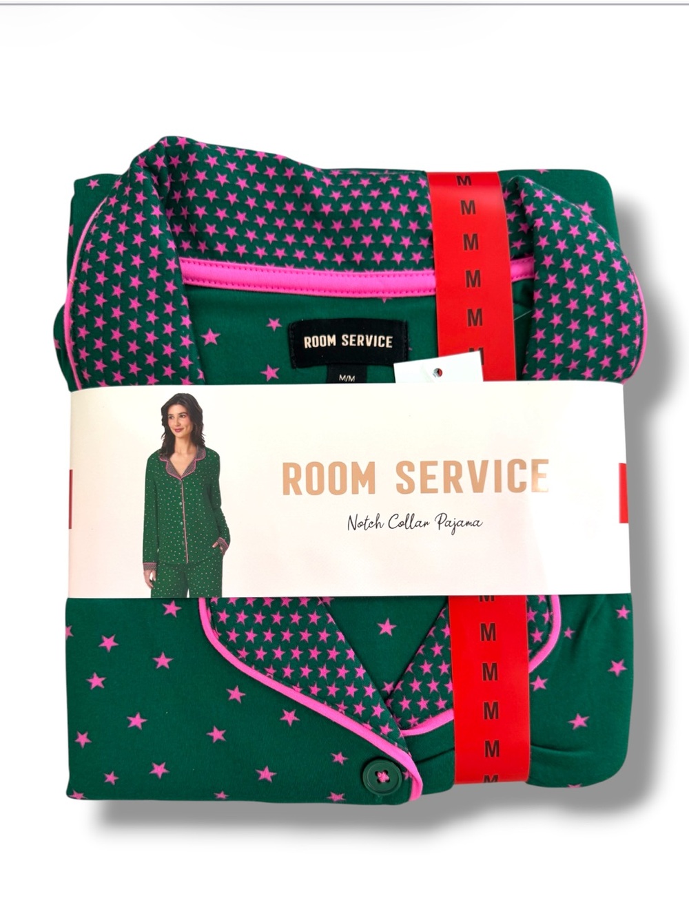 Room Service Green Pajama Set with Pink Stars